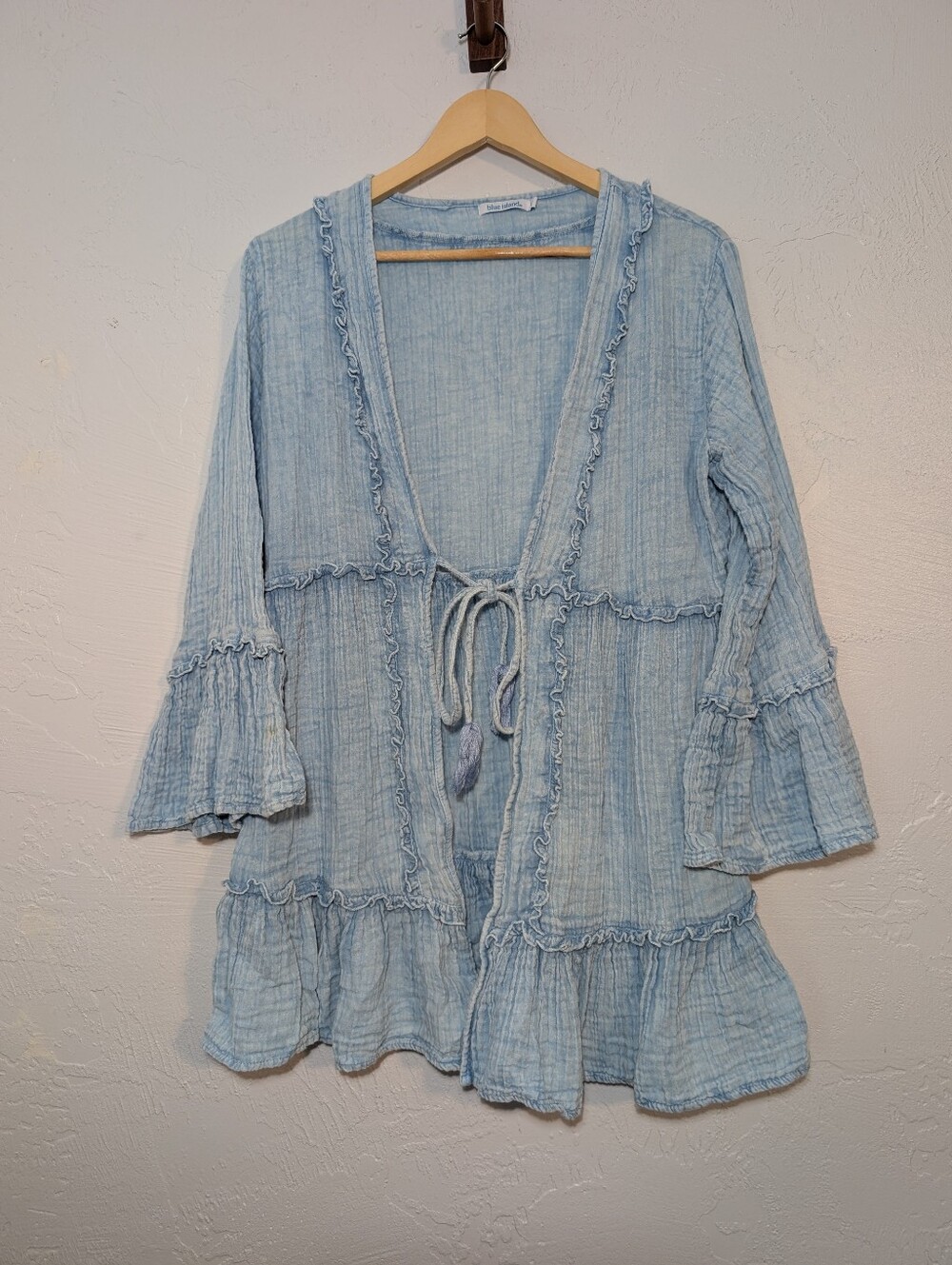 Blue Island Boho Beach Kimono Swim Coverup Bell Sleeve Vacation Flowy Ruffles